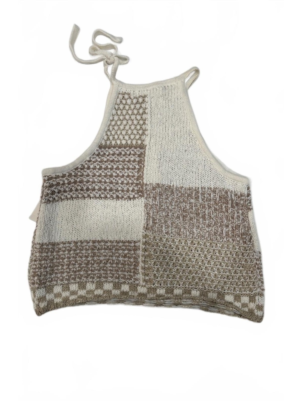 NWT Anthropologie Patchwork Knit Halter Top Beige Gold Metallic Medium - Picture 3 of 9